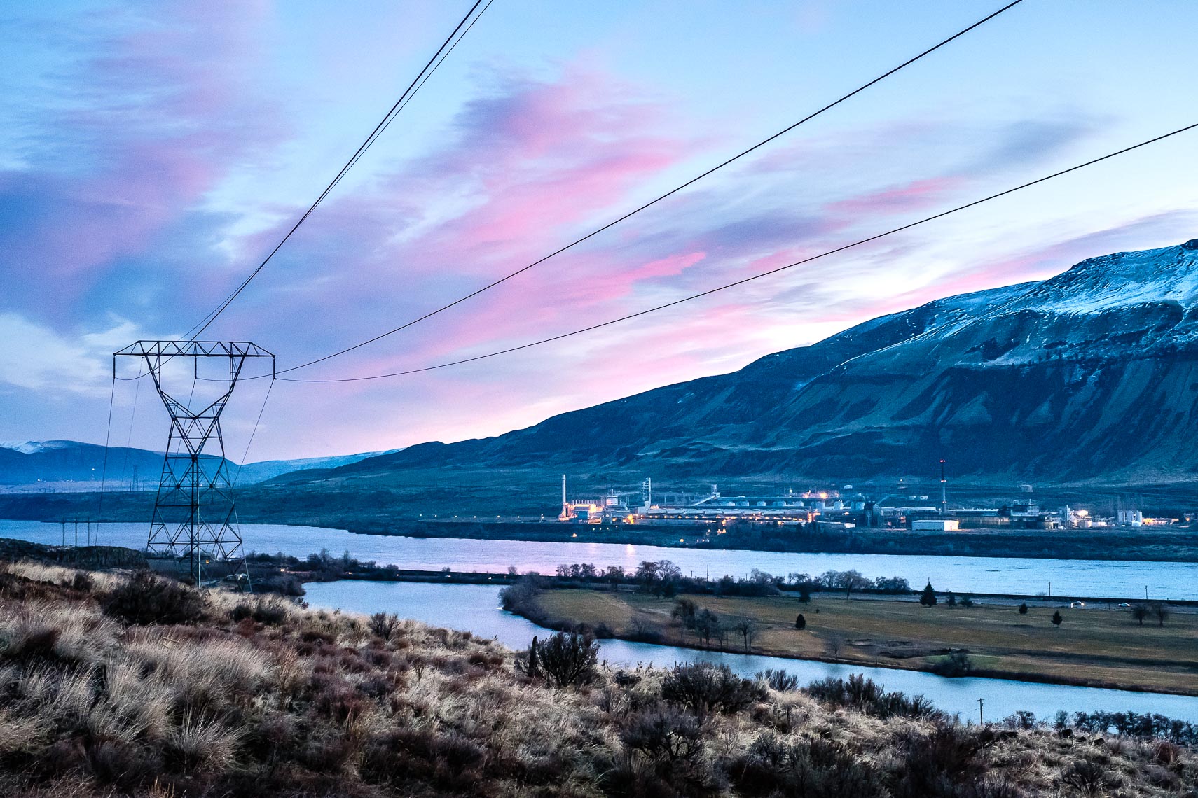 power lines feed the alcoa aluminum smelting plant and bitcoin mining in the columbia river valley in central washington state